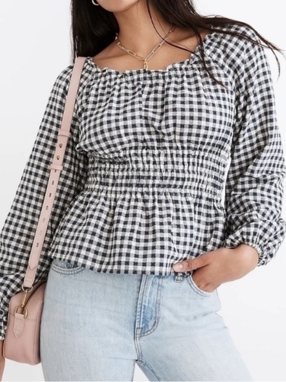 Madewell Black & White Gingham Smocked Square-Neck Top